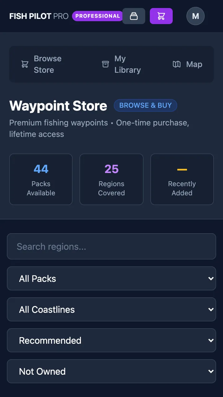 Fish Pilot Pro Waypoint Store on a phone showing packs available, regions covered, and filters.