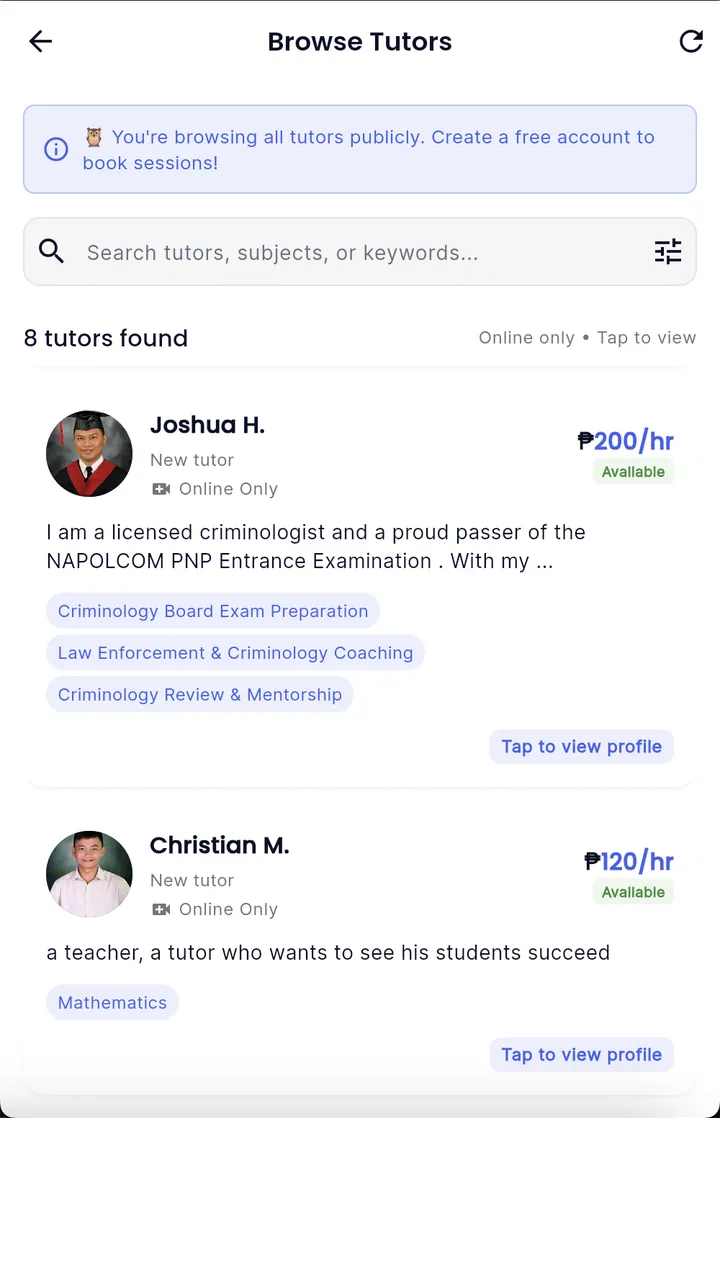 KwayGo: the Browse Tutors list with rates, availability, and subject tags.